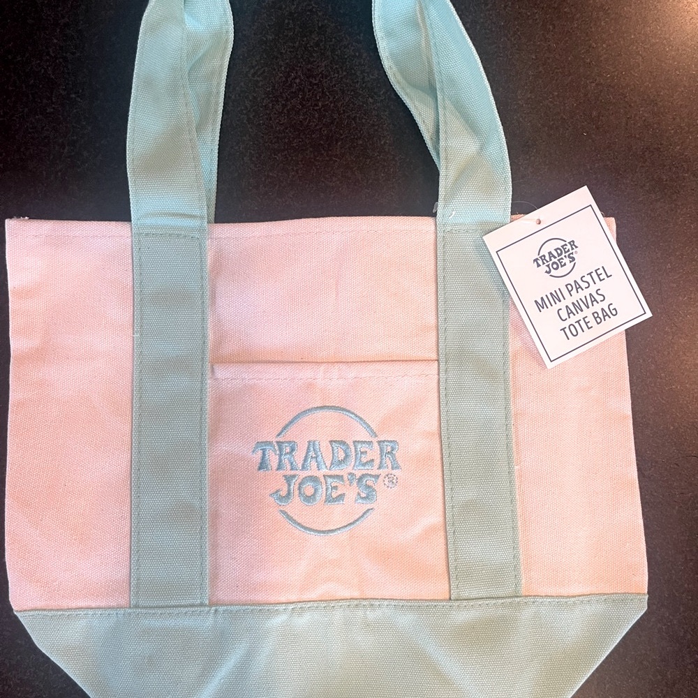 Trader Joes mini Pastel Canvas Tote Bag - Mint and Cream
